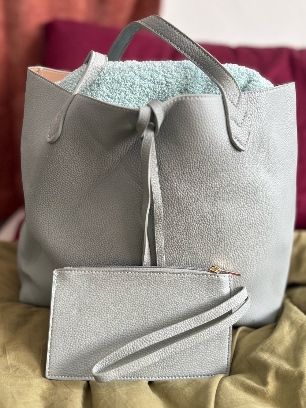 Light Gray Pebbled Vegan Leather Tote Bag + Wristlet Pouch